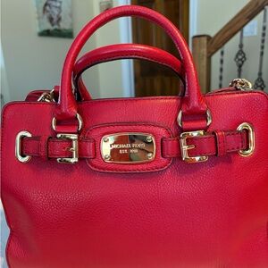 Michael Kors Cherry Red Satchel with Gold Accents with Matching Wallet